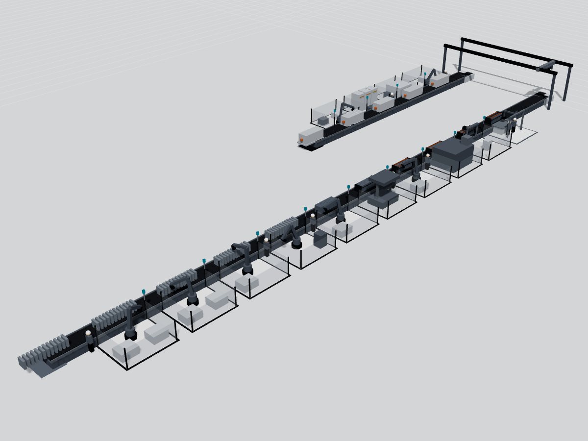 3D model of an ESS pack plant: a module line and a parallel pack line joined by a gantry crane